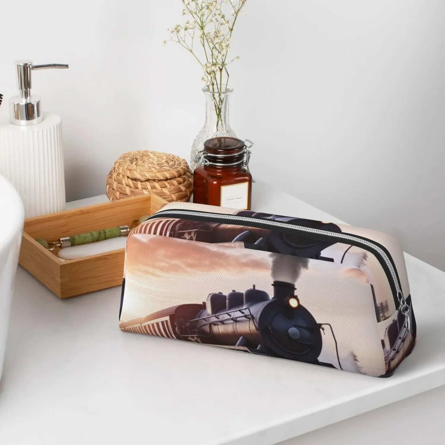 Steam Train Depart Sunset Makeup Bag for Women Men Travel Toiletry Bag Aesthetic Purse Pouch Large Pencil Case