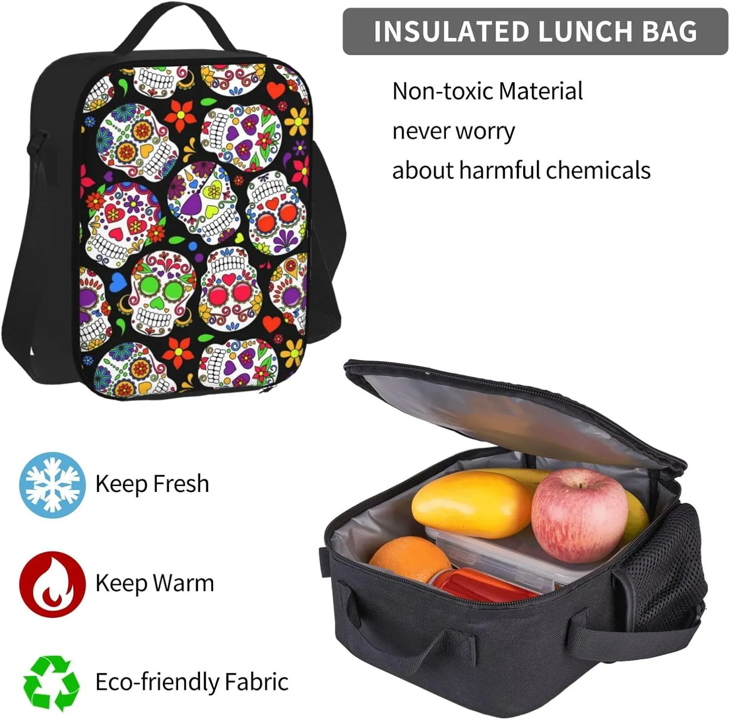 Sugar Skulls And Roses Day Of Dead Multifunctional Pocket Backpack Crossbody Lunch Bag Pencil Case 3Pcs Set Large Capacity Backpack
