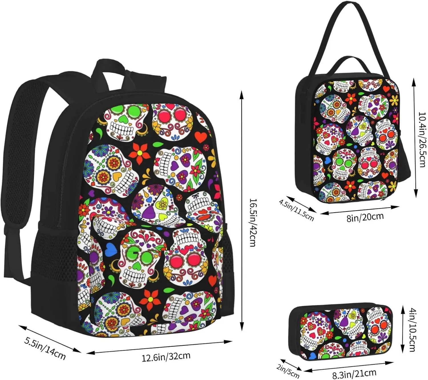 Sugar Skulls And Roses Day Of Dead Multifunctional Pocket Backpack Crossbody Lunch Bag Pencil Case 3Pcs Set Large Capacity Backpack