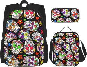 Sugar Skulls And Roses Day Of Dead Multifunctional Pocket Backpack Crossbody Lunch Bag Pencil Case 3Pcs Set Large Capacity Backpack