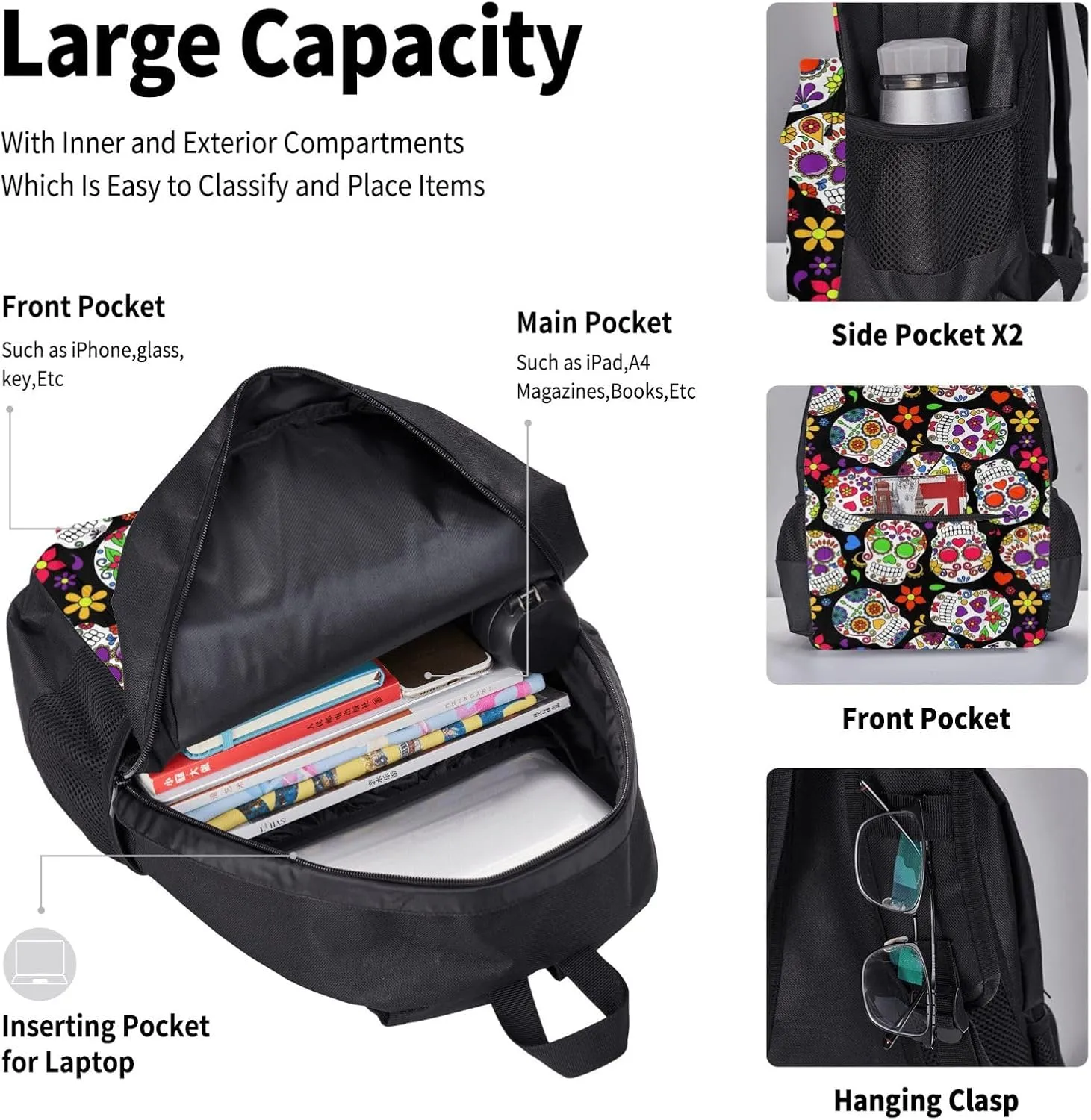 Sugar Skulls And Roses Day Of Dead Multifunctional Pocket Backpack Crossbody Lunch Bag Pencil Case 3Pcs Set Large Capacity Backpack