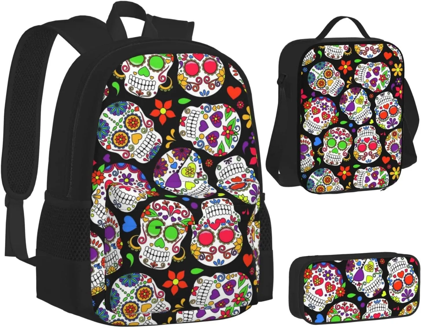Sugar Skulls And Roses Day Of Dead Multifunctional Pocket Backpack Crossbody Lunch Bag Pencil Case 3Pcs Set Large Capacity Backpack