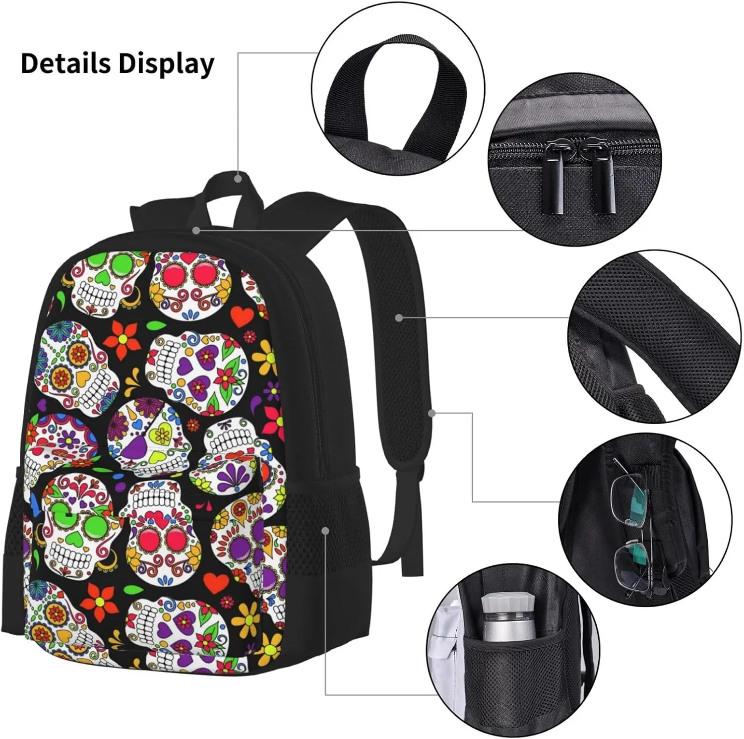 Sugar Skulls And Roses Day Of Dead Multifunctional Pocket Backpack Crossbody Lunch Bag Pencil Case 3Pcs Set Large Capacity Backpack