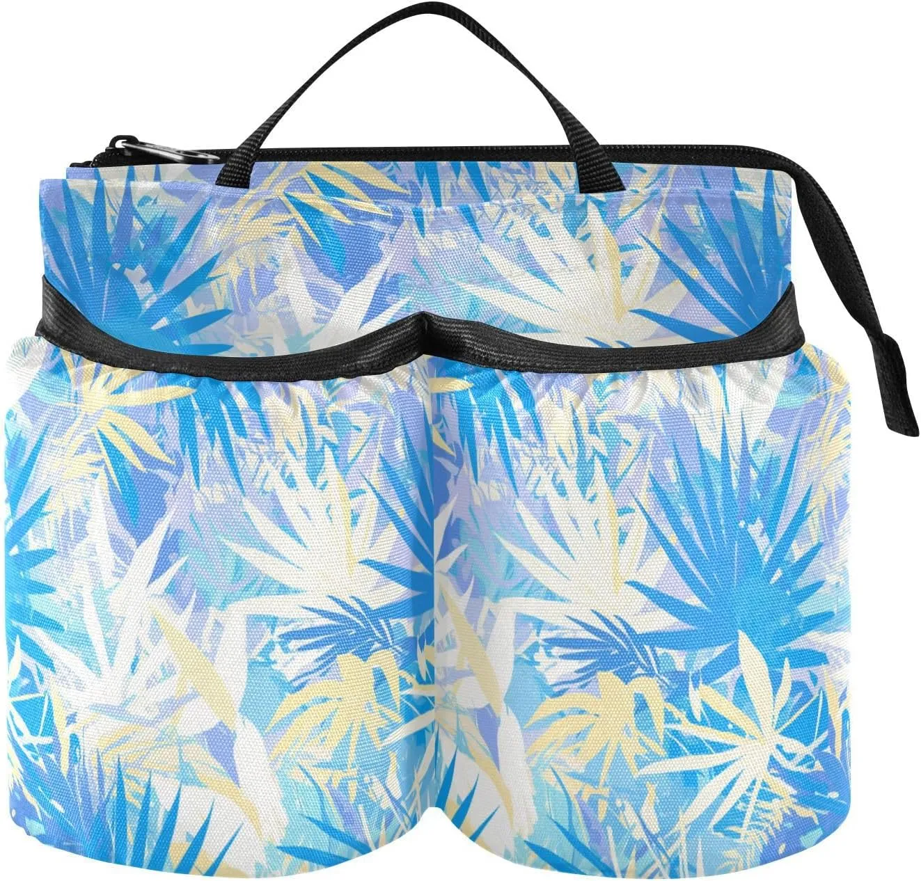 Suitcase Cup Holder Adjustable Tropical Style Blue White Leaves Travel Accessories Cup Holder Hold Two Coffee Mugs for Suitcase Attachemt