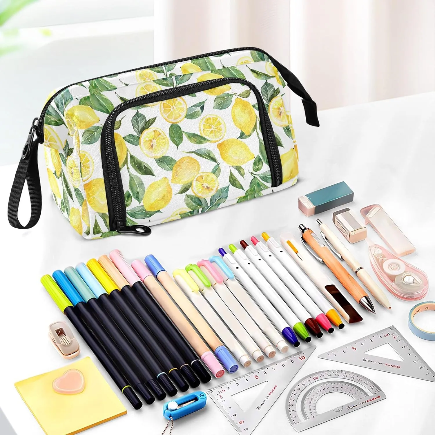 Summer Lemon Pencil Case Large Pencil Pouch Big Pencil Box Pen Bag Organizer Pencil Bags with Zipper for Adults Girls Kids Boys School 126
