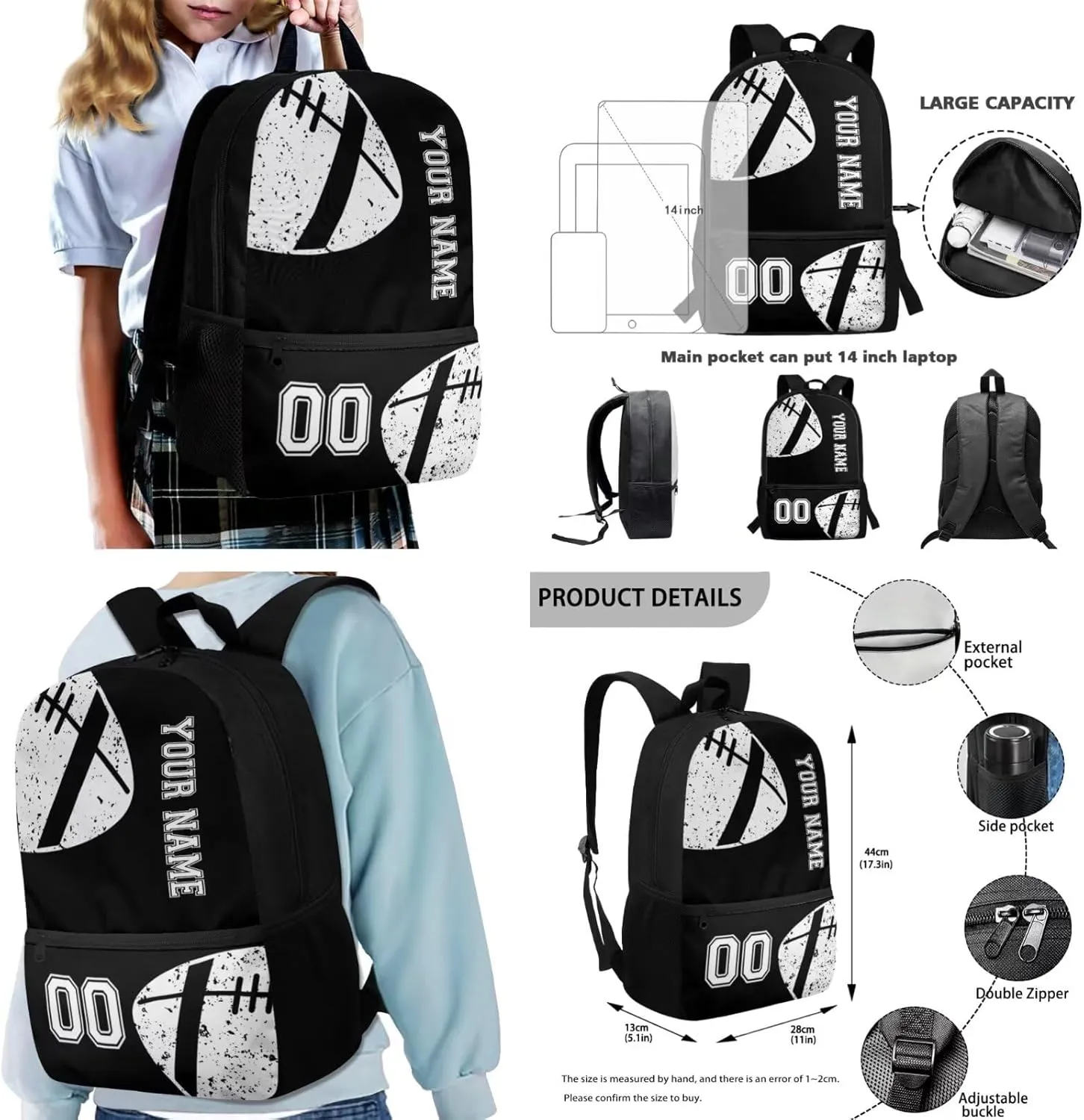 Suobstales American Football Print 4 PCS Kids Backpack for Girls Boys Elementary Kindergarten Preschool School Bag Set with Lunch Box Pencil Case Messenger Bag Teen Children Bookbag Daypack, Black