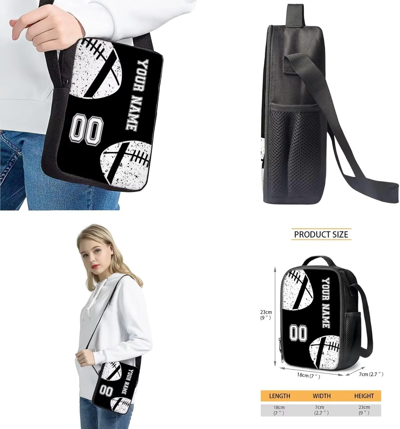 Suobstales American Football Print 4 PCS Kids Backpack for Girls Boys Elementary Kindergarten Preschool School Bag Set with Lunch Box Pencil Case Messenger Bag Teen Children Bookbag Daypack, Black