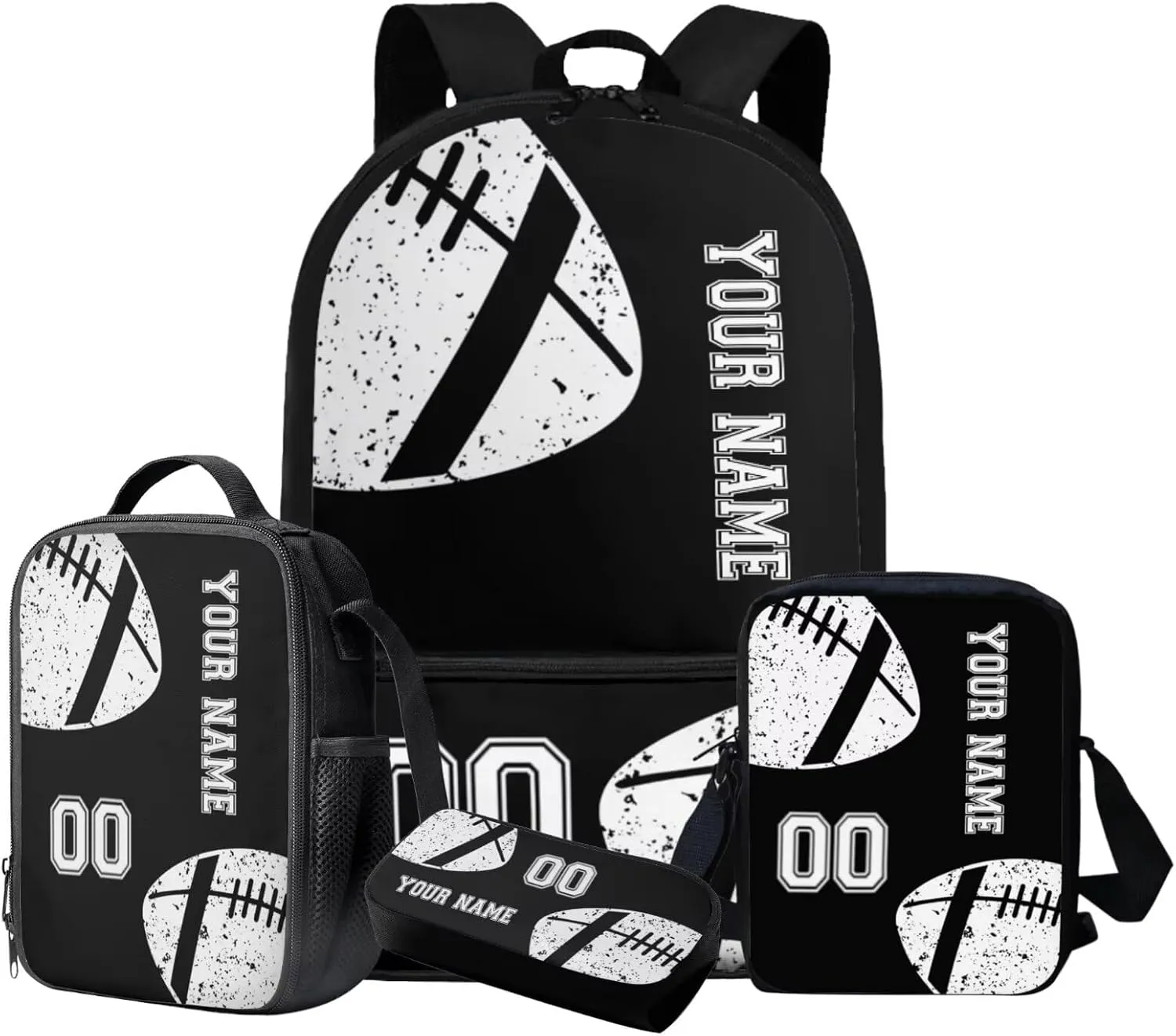 Suobstales American Football Print 4 PCS Kids Backpack for Girls Boys Elementary Kindergarten Preschool School Bag Set with Lunch Box Pencil Case Messenger Bag Teen Children Bookbag Daypack, Black