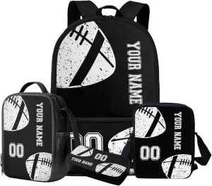 Suobstales American Football Print 4 PCS Kids Backpack for Girls Boys Elementary Kindergarten Preschool School Bag Set with Lunch Box Pencil Case Messenger Bag Teen Children Bookbag Daypack, Black