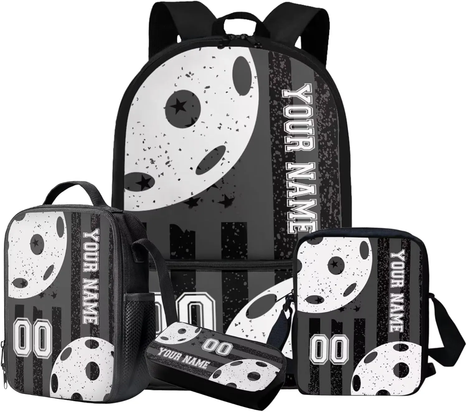 Suobstales Pickleball Print Kids School Backpack Set with Lunch Box Pencil Case and Crossbody Shoulder Bags, American Flag Design 4pcs Set Boys Girls Primary Elementary Student Bookbag Casual Daypack