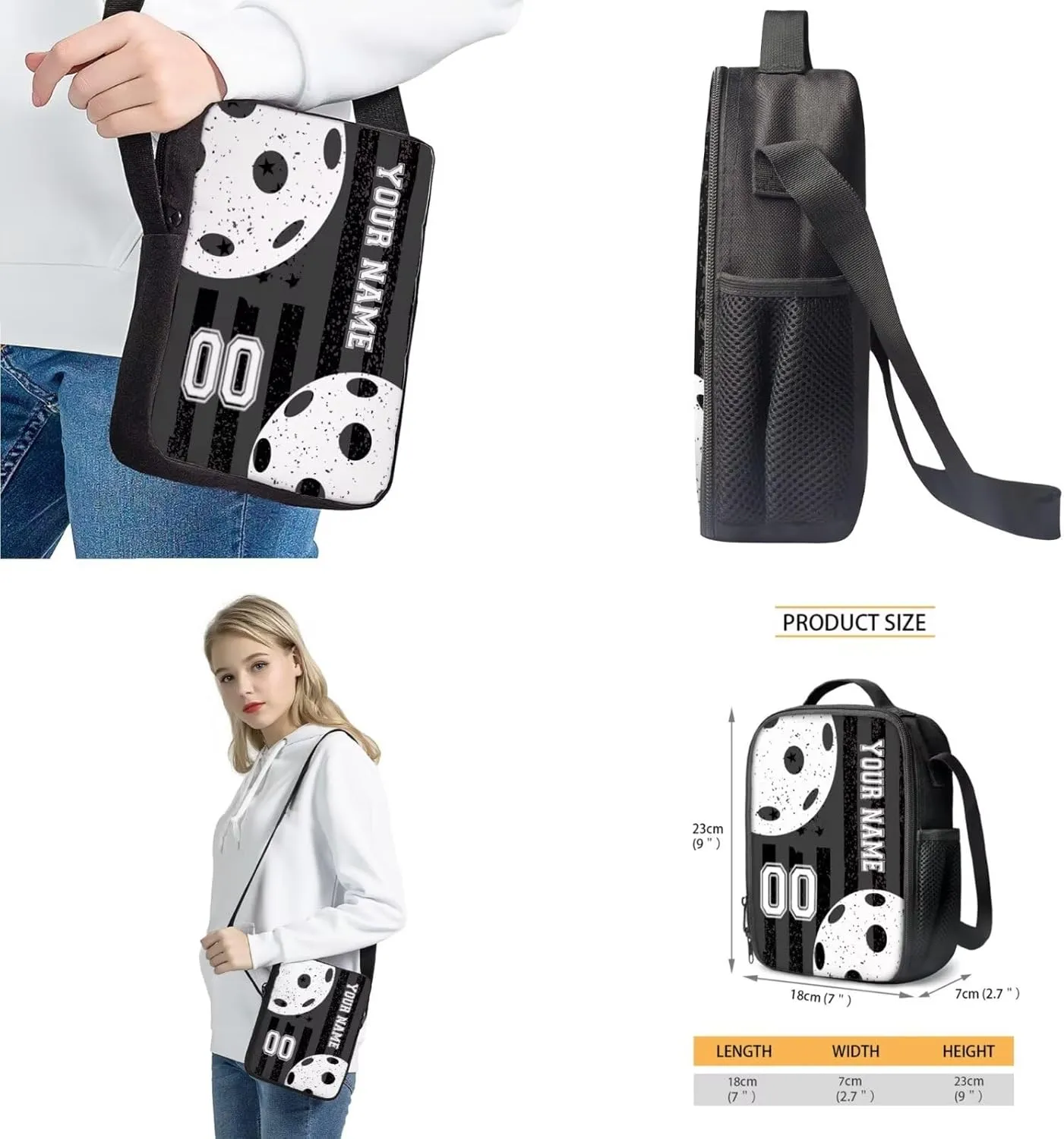 Suobstales Pickleball Print Kids School Backpack Set with Lunch Box Pencil Case and Crossbody Shoulder Bags, American Flag Design 4pcs Set Boys Girls Primary Elementary Student Bookbag Casual Daypack