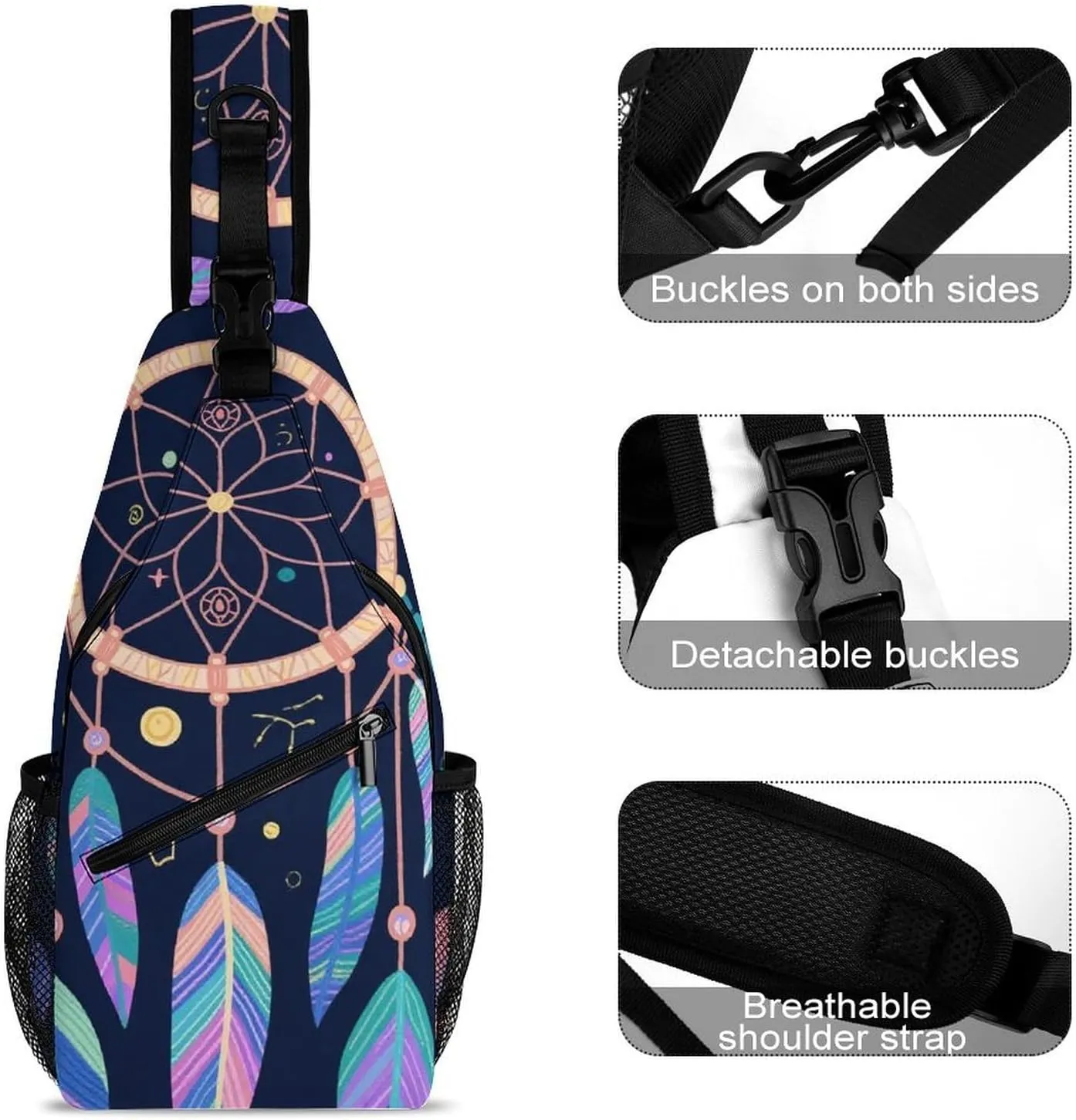 Supdreamc Sling Bag Backpack for Men Women Multipurpose Anti-Theft Satchel Bookbags Travel Rucksack Daypack Bookbag, Colorf Dream Catcher Art Shoulder Crossbody Bag Chest Pack