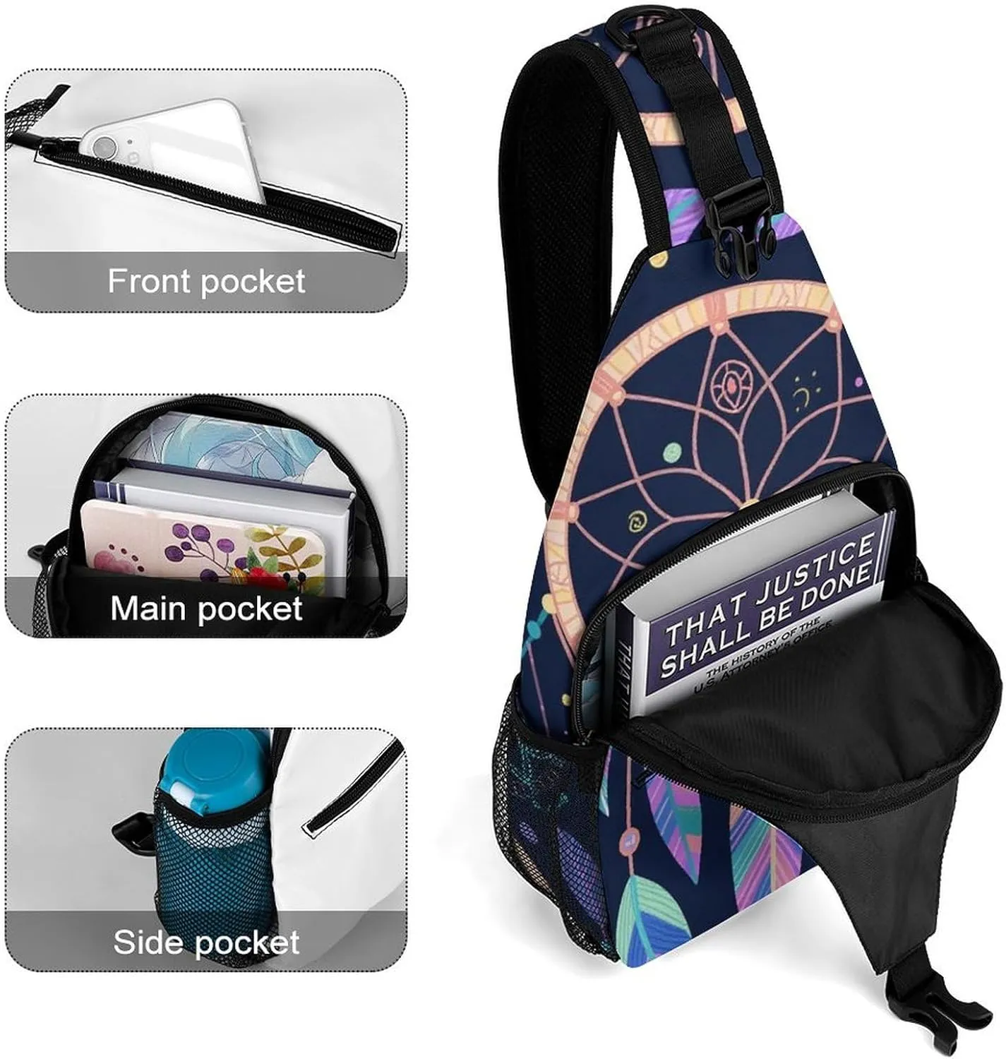 Supdreamc Sling Bag Backpack for Men Women Multipurpose Anti-Theft Satchel Bookbags Travel Rucksack Daypack Bookbag, Colorf Dream Catcher Art Shoulder Crossbody Bag Chest Pack
