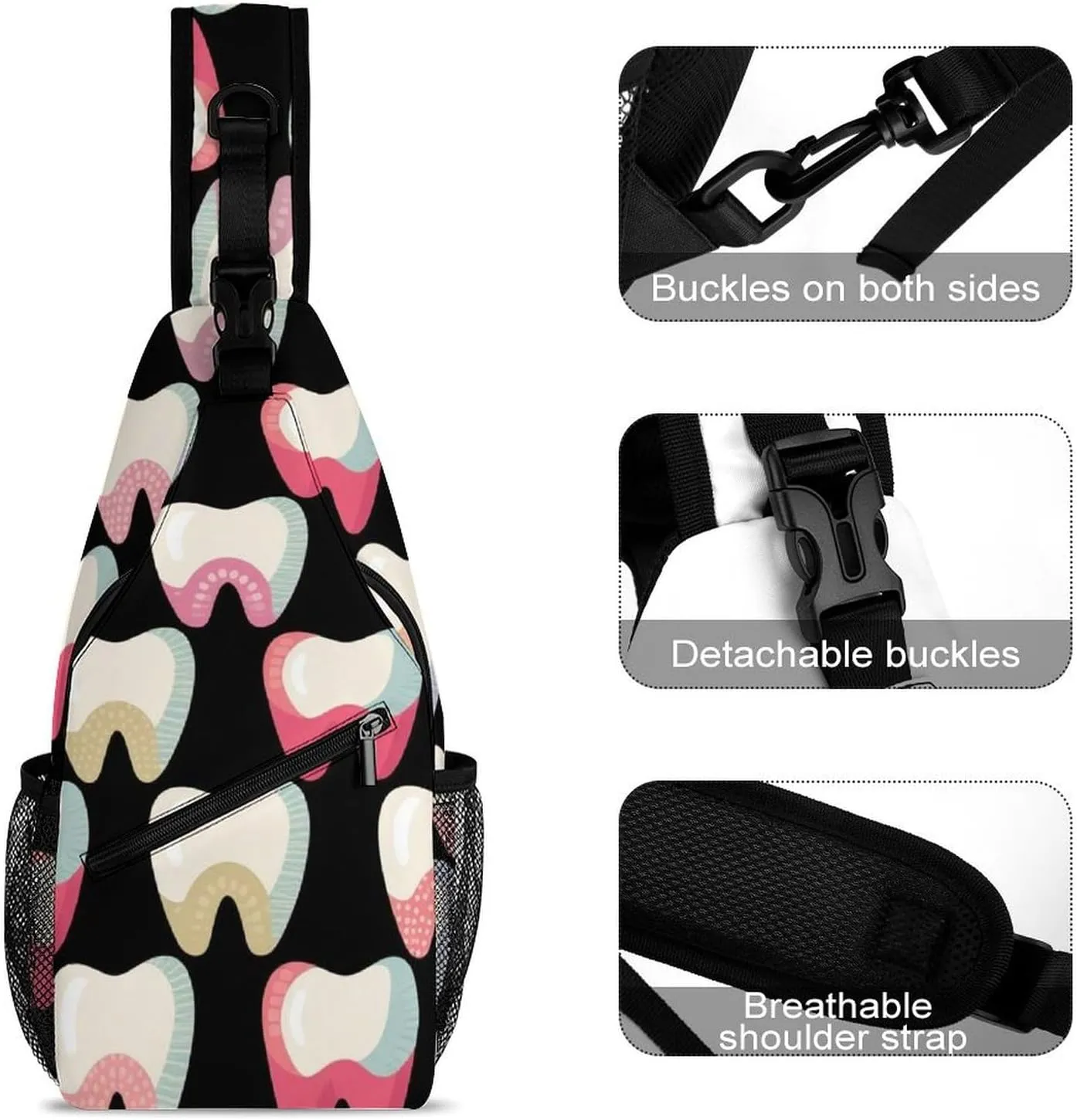 Supdreamc Ultra Lightweight Sling Backpack Shoulder Chest Crossbody Bag Multipurpose Anti-Theft Backpacking for Hiking Cycling Walking Dog Bicycle Travel - Cartoon Teeth Dental Art