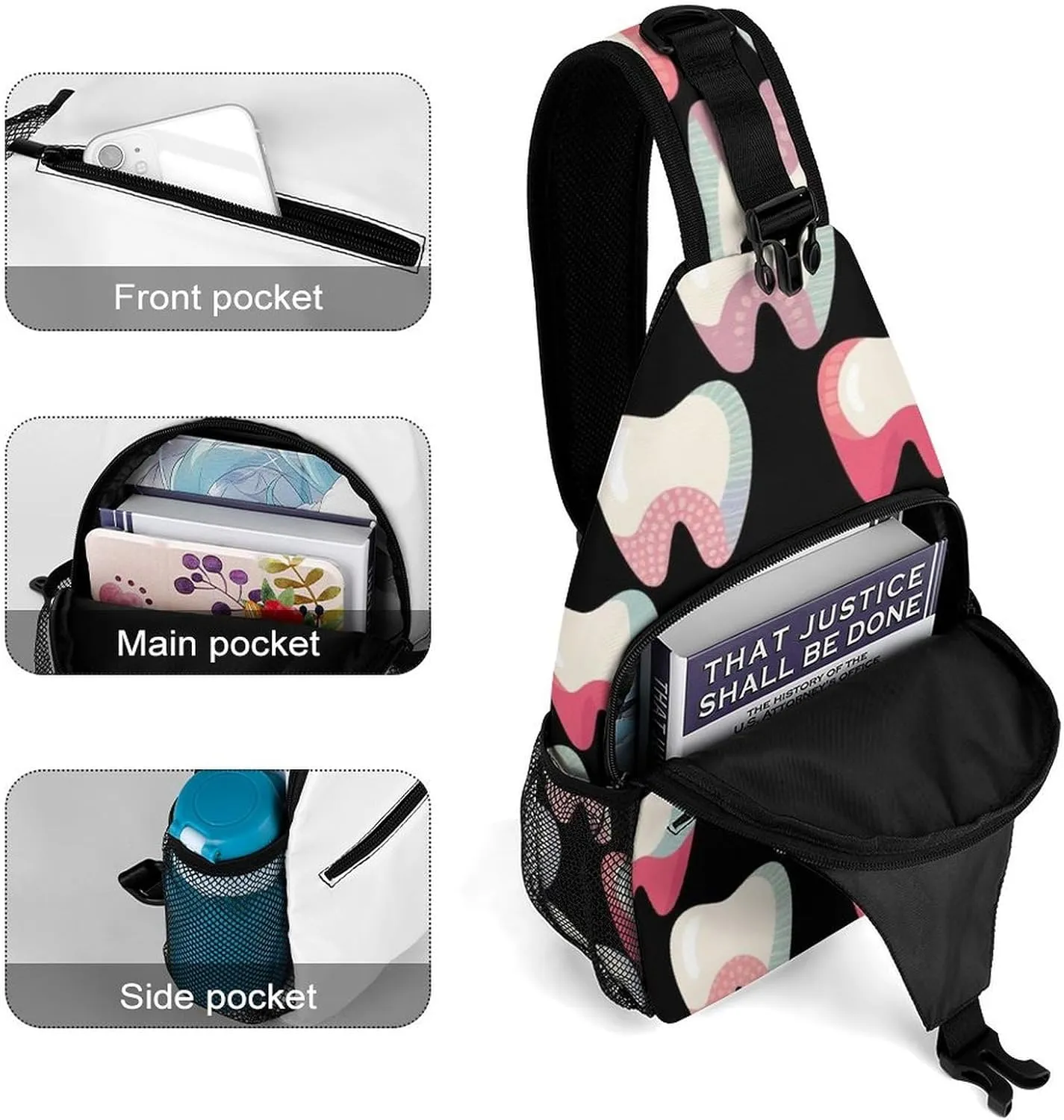 Supdreamc Ultra Lightweight Sling Backpack Shoulder Chest Crossbody Bag Multipurpose Anti-Theft Backpacking for Hiking Cycling Walking Dog Bicycle Travel - Cartoon Teeth Dental Art