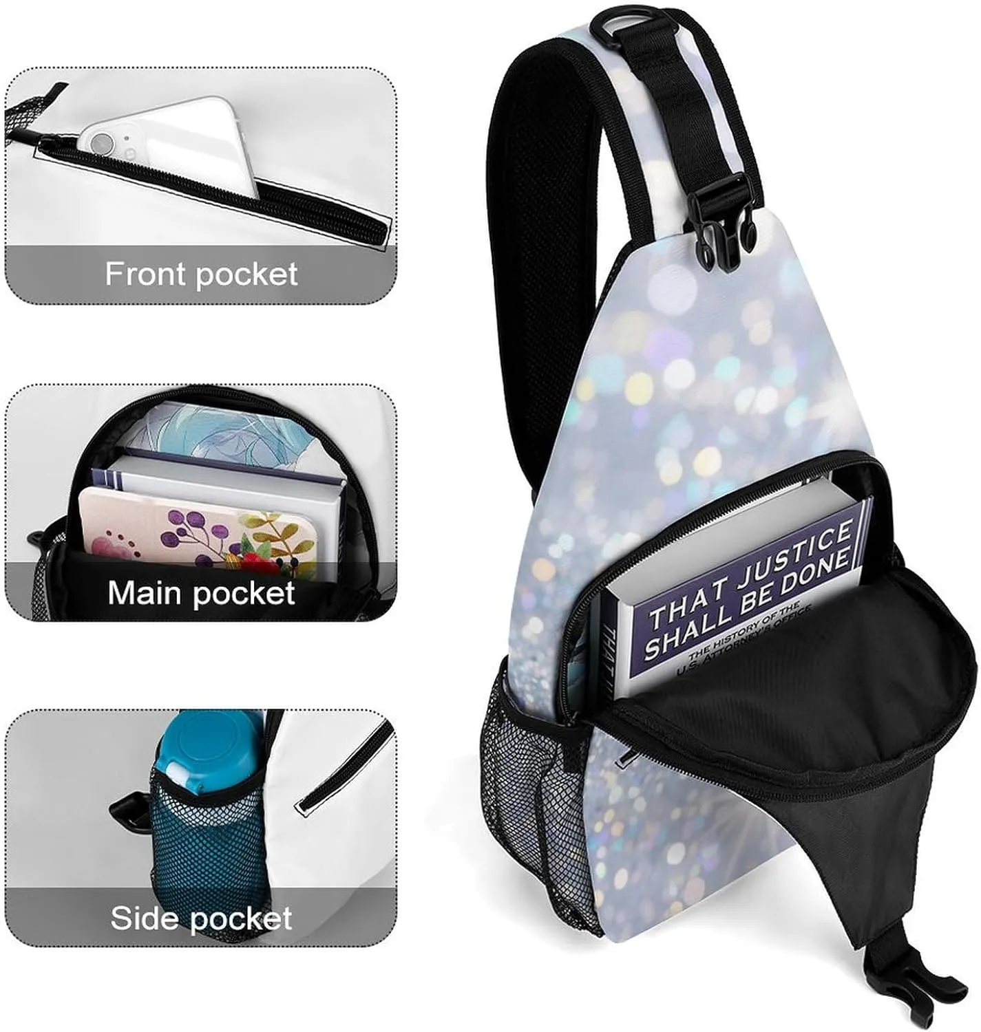 Supdreamc Ultra Lightweight Sling Shoulder Backpack Shoulder Chest Crossbody Bag Multipurpose Anti-Theft Daypack for Hiking Cycling Camping Travel, Glitter Sparkle Pattern Bookbag