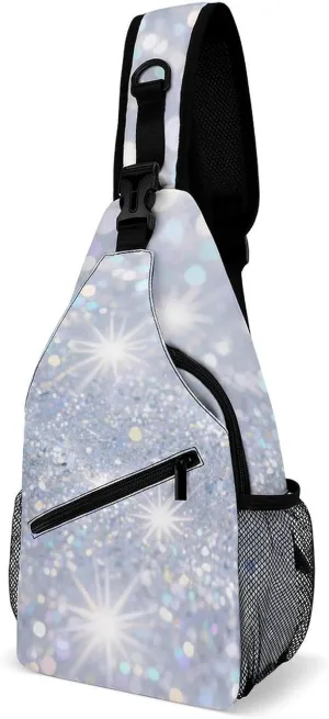 Supdreamc Ultra Lightweight Sling Shoulder Backpack Shoulder Chest Crossbody Bag Multipurpose Anti-Theft Daypack for Hiking Cycling Camping Travel, Glitter Sparkle Pattern Bookbag