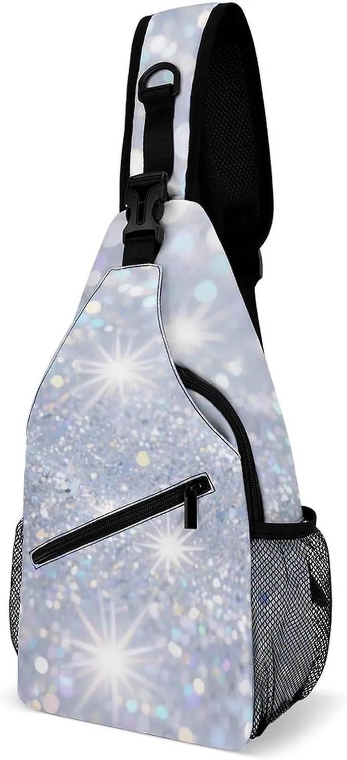 Supdreamc Ultra Lightweight Sling Shoulder Backpack Shoulder Chest Crossbody Bag Multipurpose Anti-Theft Daypack for Hiking Cycling Camping Travel, Glitter Sparkle Pattern Bookbag