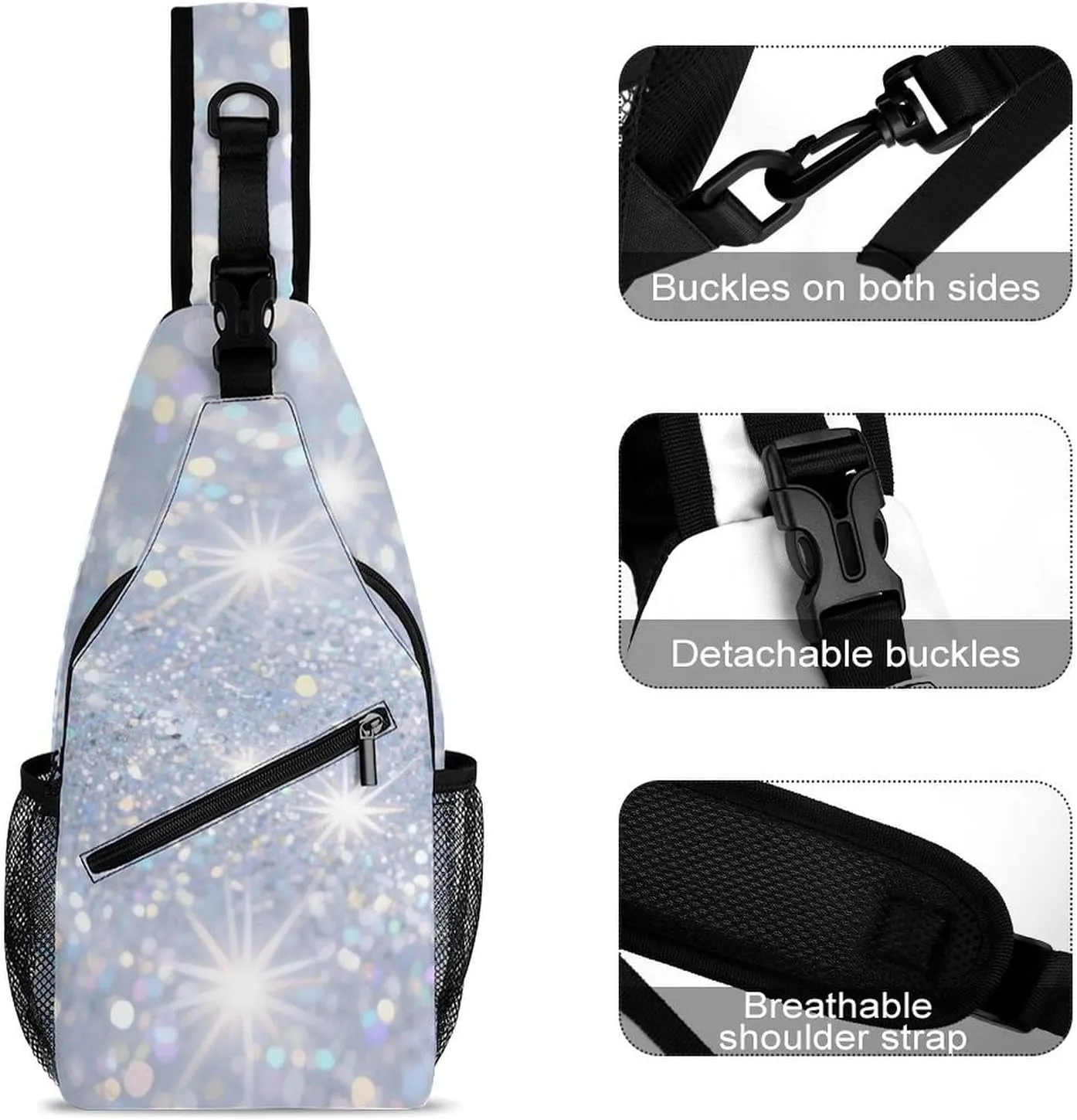 Supdreamc Ultra Lightweight Sling Shoulder Backpack Shoulder Chest Crossbody Bag Multipurpose Anti-Theft Daypack for Hiking Cycling Camping Travel, Glitter Sparkle Pattern Bookbag