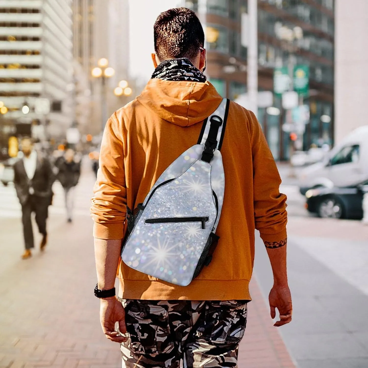 Supdreamc Ultra Lightweight Sling Shoulder Backpack Shoulder Chest Crossbody Bag Multipurpose Anti-Theft Daypack for Hiking Cycling Camping Travel, Glitter Sparkle Pattern Bookbag