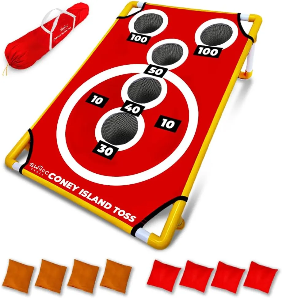 SWOOC Games - Coney Island Toss™ - Arcade Style Cornhole Board Set w/Carrying Case & 15  Games - Corn Hole Games for Adults - Kids Bean Bag Toss Game - Kids Cornhole Set w/Bags - Outdoor Yard Games