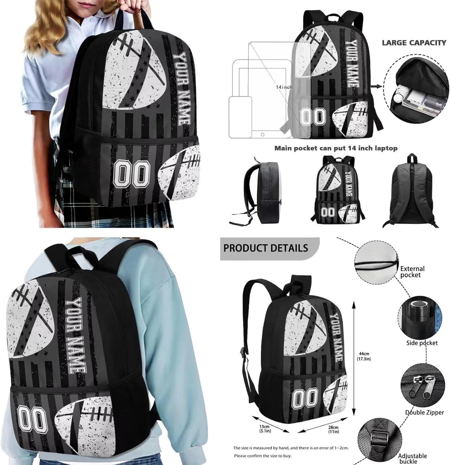 Talayituse American Football Print School Bag Set for Boys Girls Kids Children American Flag Backpack Casual Daypack Rucksack with Lunchbox Pencil Case Crossbody Shoulder Bags 4 Piece for Teen Kids