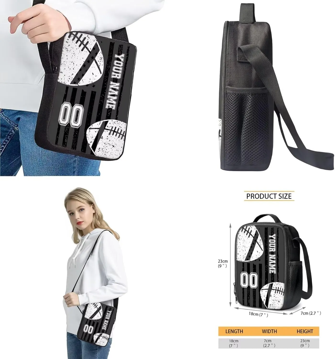 Talayituse American Football Print School Bag Set for Boys Girls Kids Children American Flag Backpack Casual Daypack Rucksack with Lunchbox Pencil Case Crossbody Shoulder Bags 4 Piece for Teen Kids