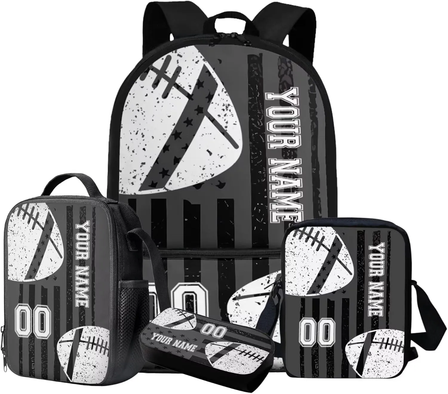 Talayituse American Football Print School Bag Set for Boys Girls Kids Children American Flag Backpack Casual Daypack Rucksack with Lunchbox Pencil Case Crossbody Shoulder Bags 4 Piece for Teen Kids