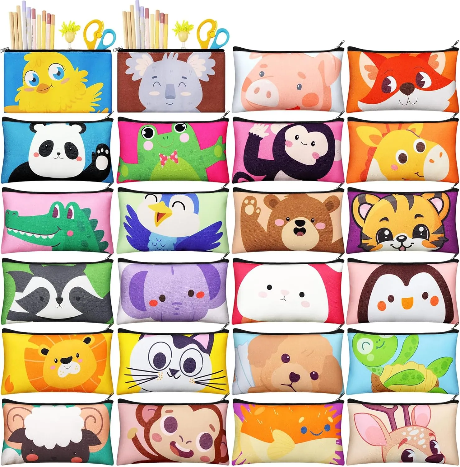 Talltalk 24 Pcs Cartoon Canvas Zipper Pencil Case Bulk Cartoon Animal Pouch Bags Canvas Pencil Pouch Cute Animal Zipper Cosmetic Bag for Stationary Storage Supplies