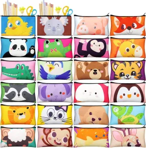 Talltalk 24 Pcs Cartoon Canvas Zipper Pencil Case Bulk Cartoon Animal Pouch Bags Canvas Pencil Pouch Cute Animal Zipper Cosmetic Bag for Stationary Storage Supplies