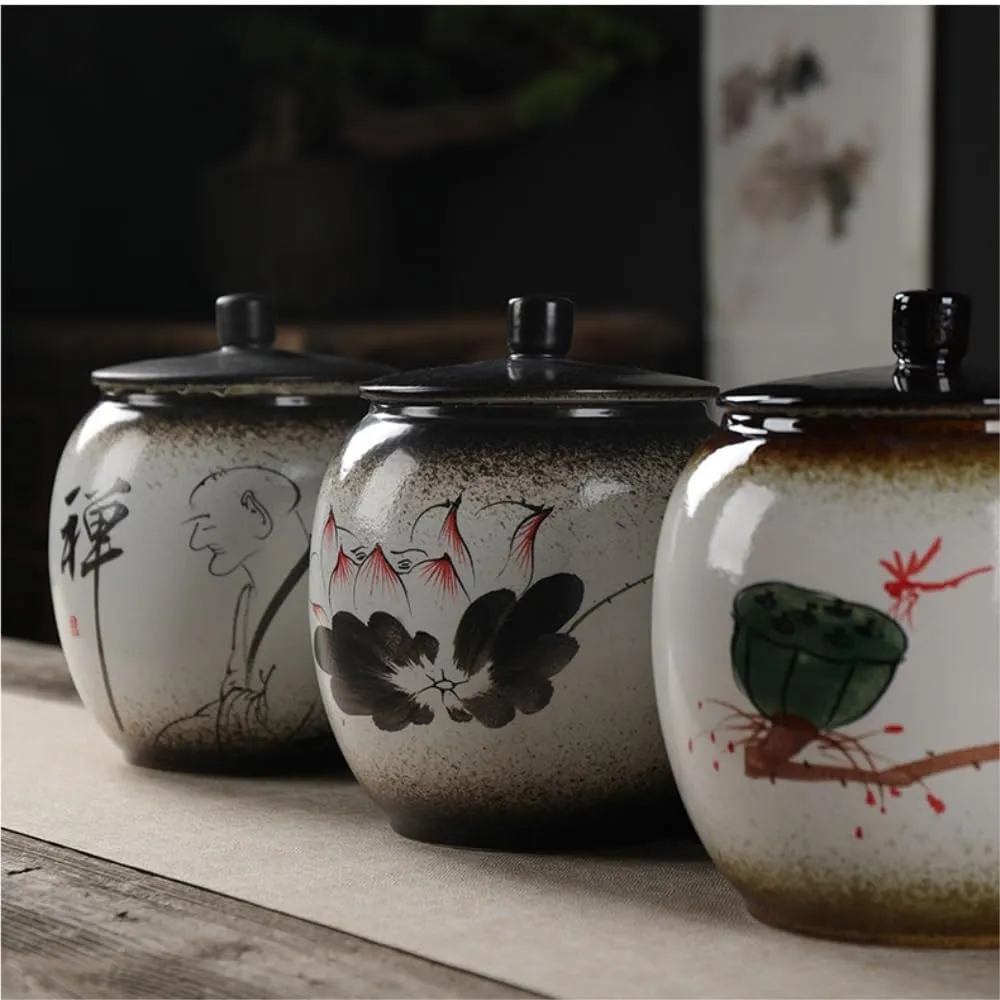 Tea Bag Organizer Tea Storage Container Creative Hand-painted Tea Storage Container Jar Household Ceramic Sealed Jar Retro Chinese Tea Set Single Jar Tea Organizer(C,Large)