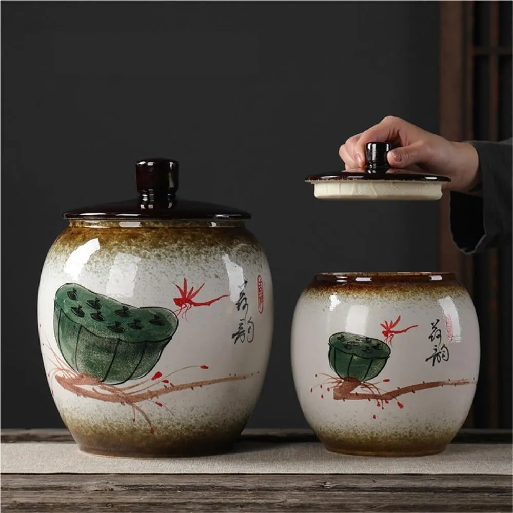 Tea Bag Organizer Tea Storage Container Creative Hand-painted Tea Storage Container Jar Household Ceramic Sealed Jar Retro Chinese Tea Set Single Jar Tea Organizer(C,Large)