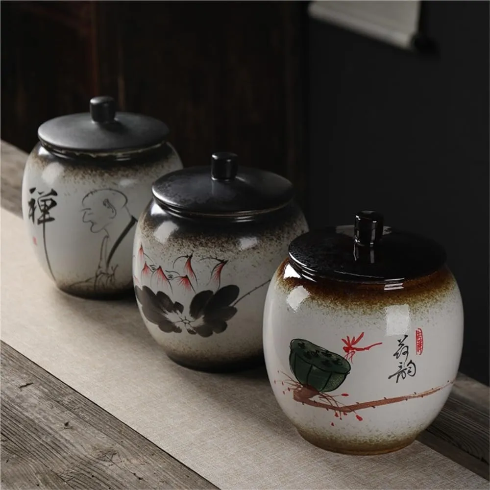 Tea Bag Organizer Tea Storage Container Creative Hand-painted Tea Storage Container Jar Household Ceramic Sealed Jar Retro Chinese Tea Set Single Jar Tea Organizer(C,Large)