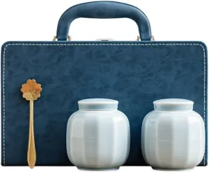 Tea Organizer Loose Tea Storage Container Jar Ceramic Sealed Jar Empty Jar with Tea Spoon Tea Set Double Jar Gift Box Set Handbag Tea Caddy(B)
