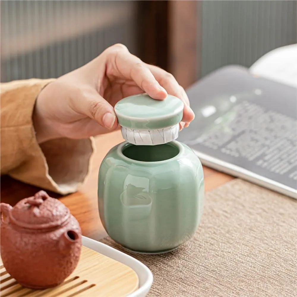 Tea Organizer Loose Tea Storage Container Jar Ceramic Sealed Jar Empty Jar with Tea Spoon Tea Set Double Jar Gift Box Set Handbag Tea Caddy(B)