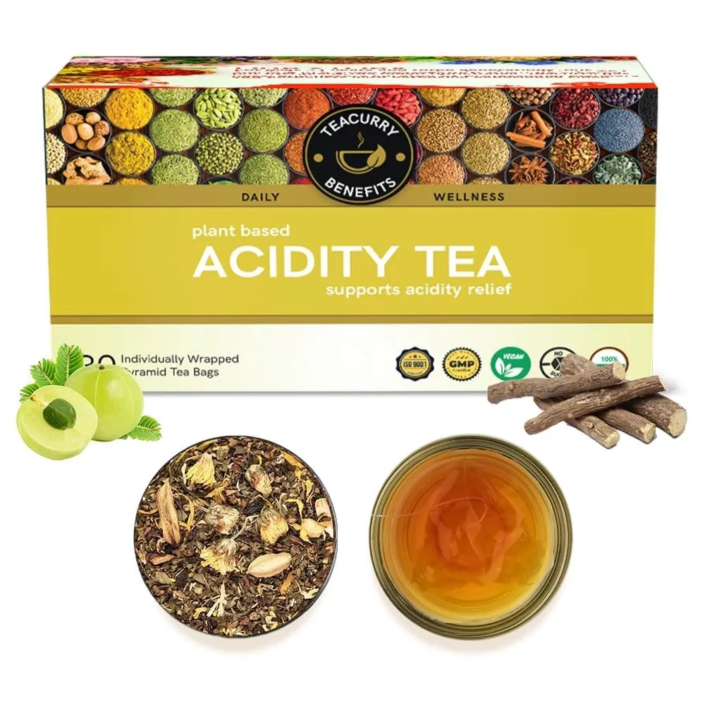 TEACURRY Acidity Tea (1 Month Pack, 30 Tea Bags) - Supports Stomach Acidity & Digestion Naturally | Organic Tea With - Anantmool, Guduchi, Bala, Coriander Seed