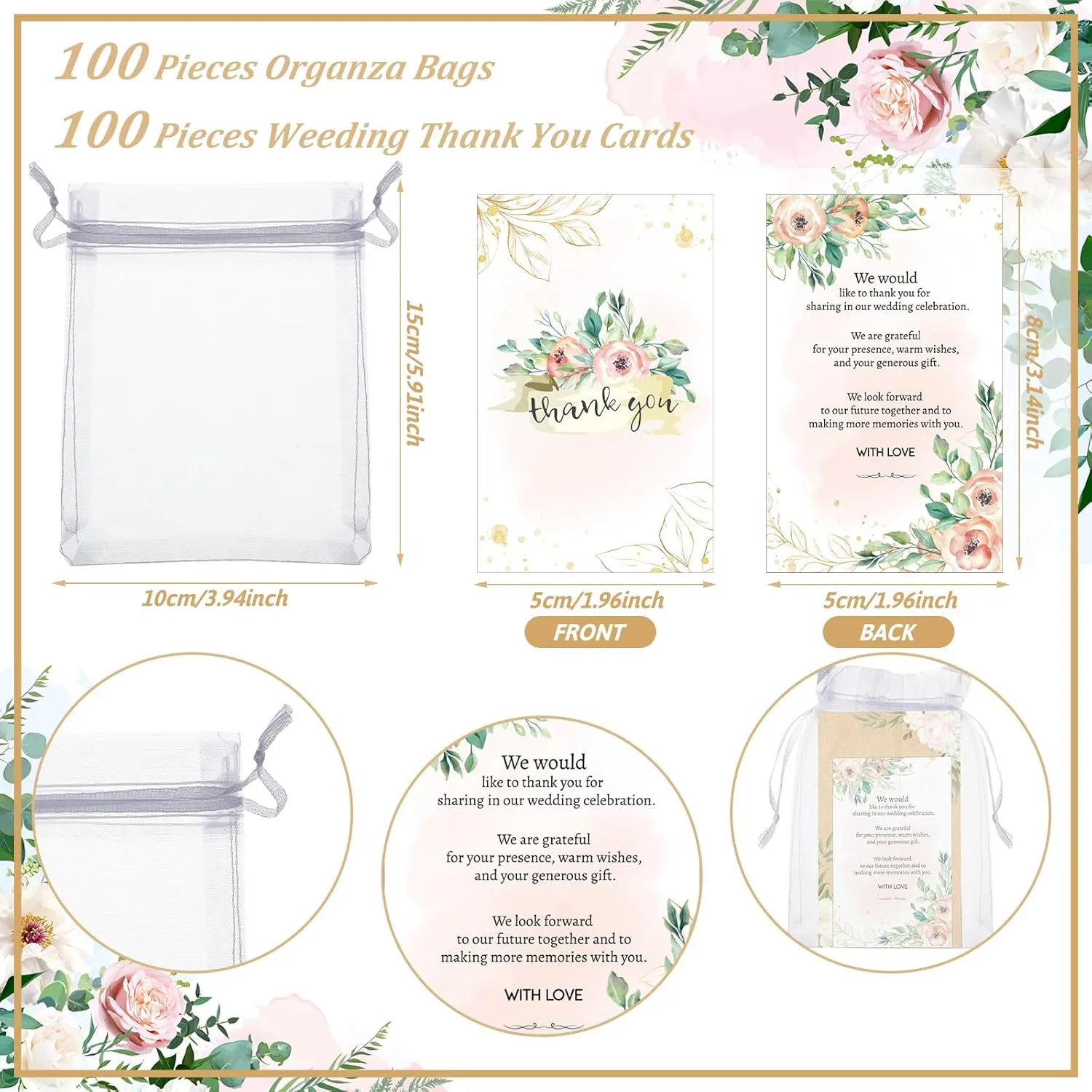 Teling 300 Packs Wedding Favors Set Include 100 Self Adhesive Seed Packets Kraft Let Love Grow Seed Envelopes 100 Thank You Cards 100 Organza Gift Bags Wedding Party(Brown)