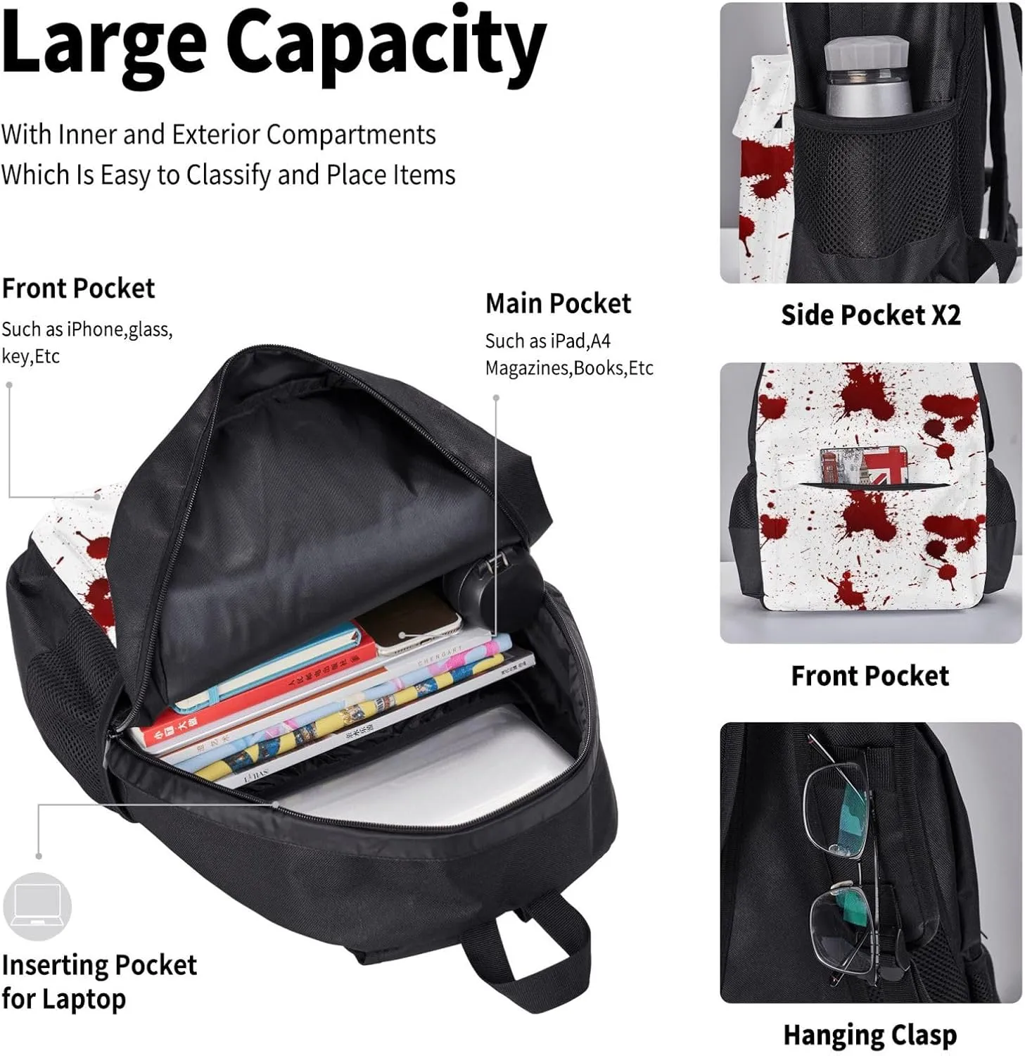 terrible blood Multifunctional Pocket Backpack Crossbody Lunch Bag Pencil Case 3Pcs Set Large Capacity Backpack