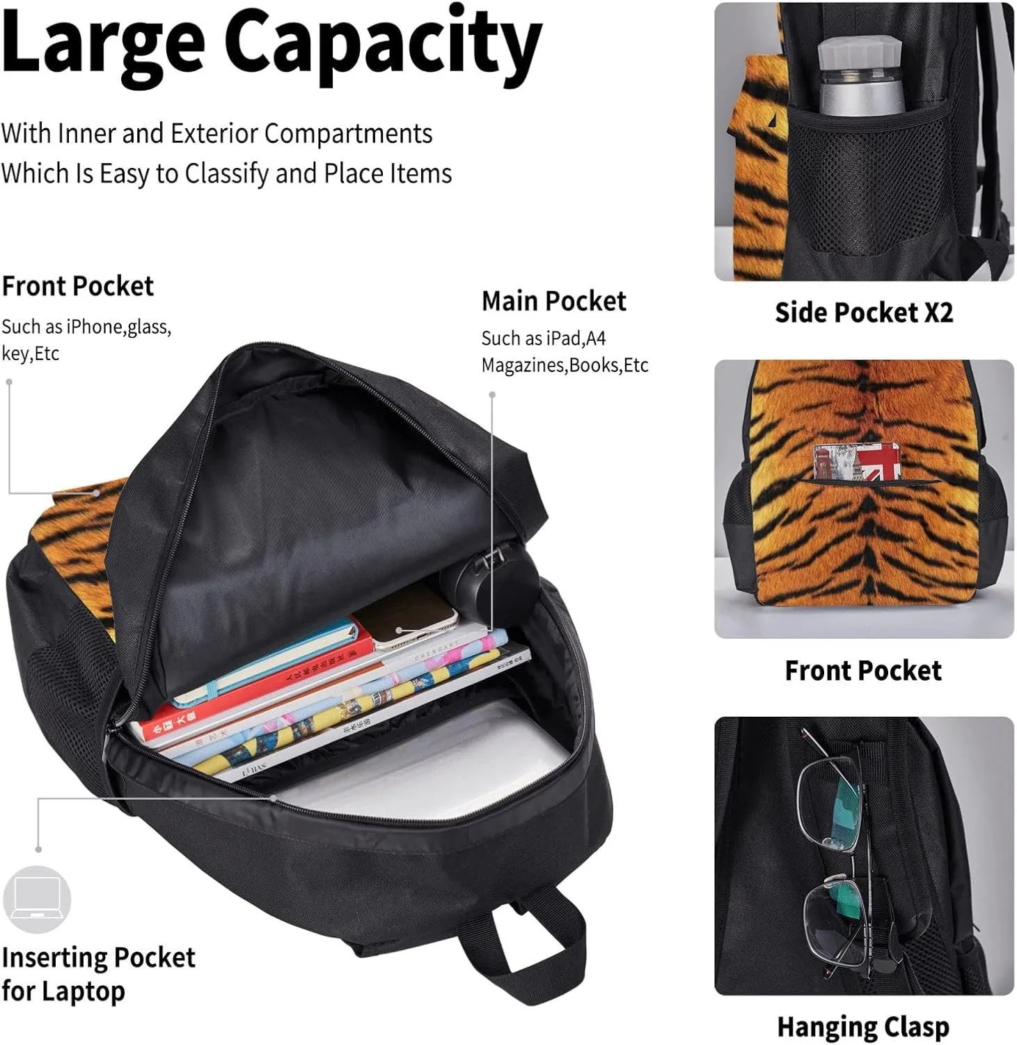 tiger skin nature Multifunctional Pocket Backpack Crossbody Lunch Bag Pencil Case 3Pcs Set Large Capacity Backpack