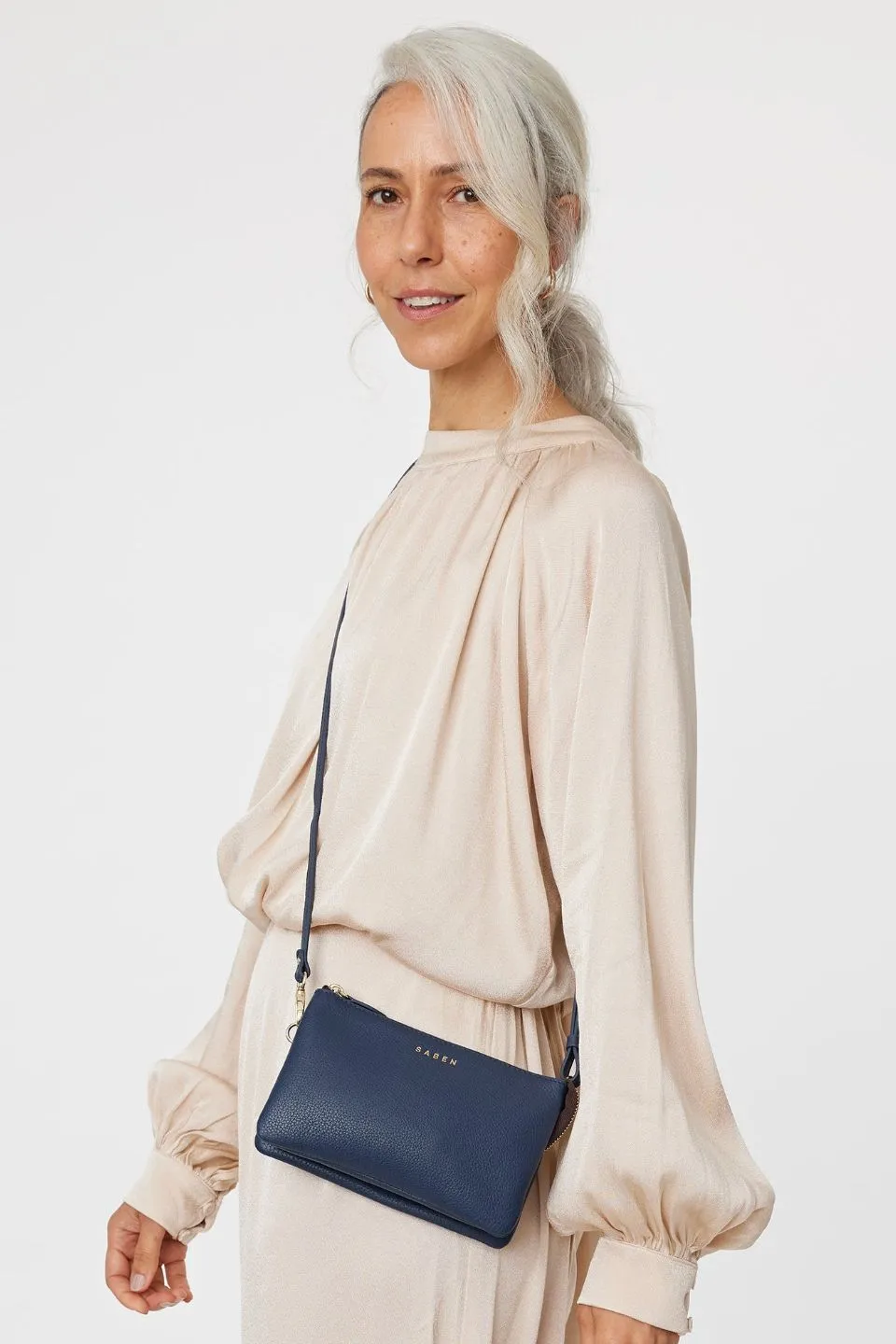 Tilly Multi Pocket Navy Leather Crossbody Clutch