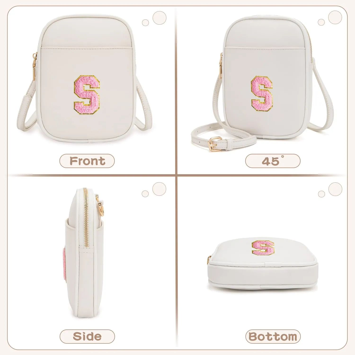 Toddler Purse Initial Crossbody Bags for Girls 3 Pockets PU Leather Cross Body Bag Crossbody Purse Handbag Personalized Gifts for Teen Girls Preppy Cute Stuff (Beige S)