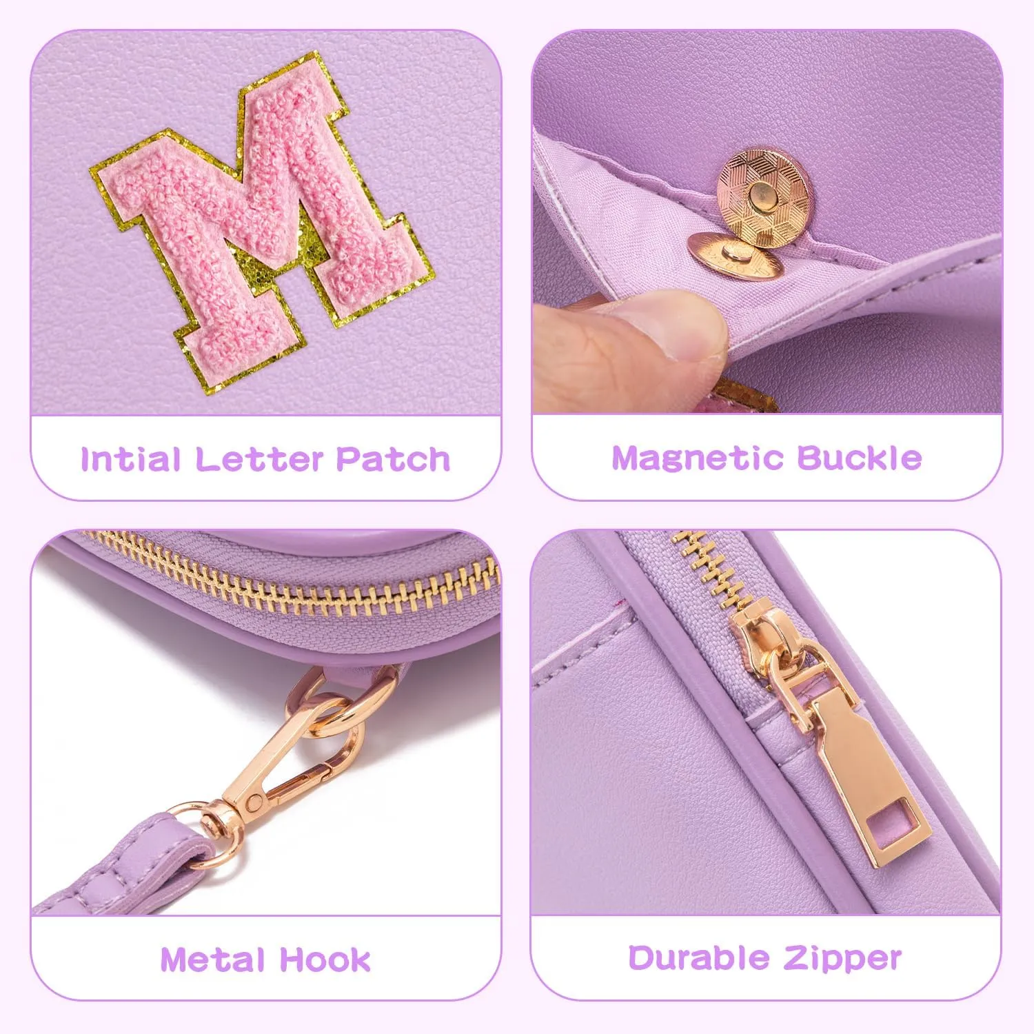 Toddler Purse Initial Crossbody Bags for Girls 3 Pockets PU Leather Cross Body Bag Crossbody Purse Handbag Personalized Preppy Teen Girl Gifts Trendy Stuff (Lavender M)