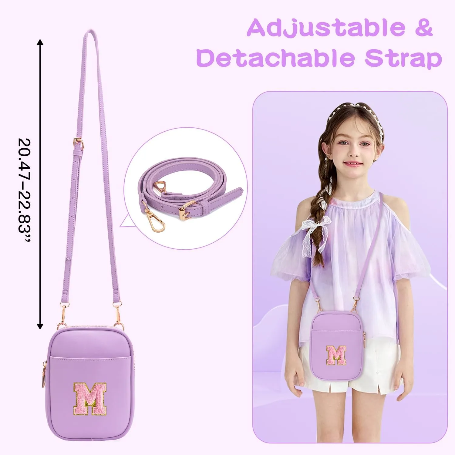 Toddler Purse Initial Crossbody Bags for Girls 3 Pockets PU Leather Cross Body Bag Crossbody Purse Handbag Personalized Preppy Teen Girl Gifts Trendy Stuff (Lavender M)