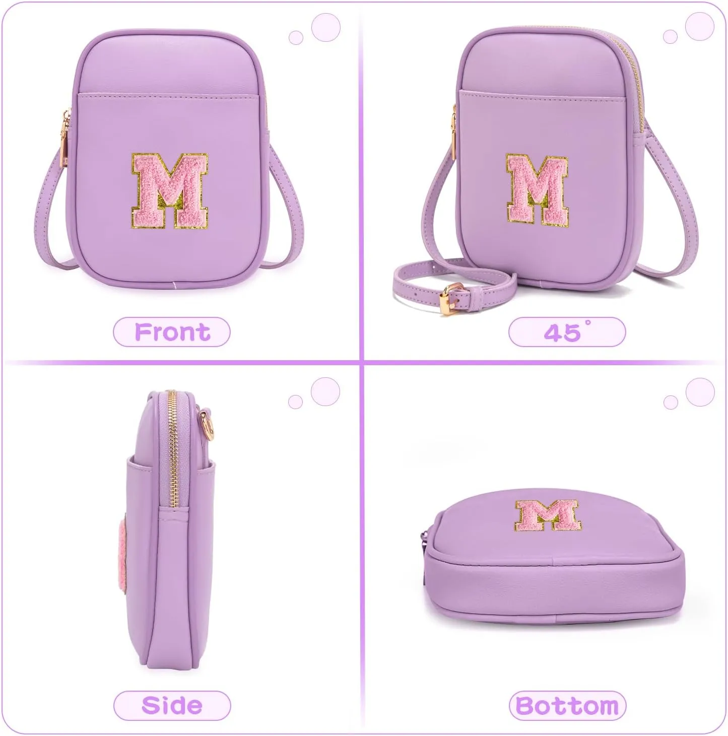Toddler Purse Initial Crossbody Bags for Girls 3 Pockets PU Leather Cross Body Bag Crossbody Purse Handbag Personalized Preppy Teen Girl Gifts Trendy Stuff (Lavender M)