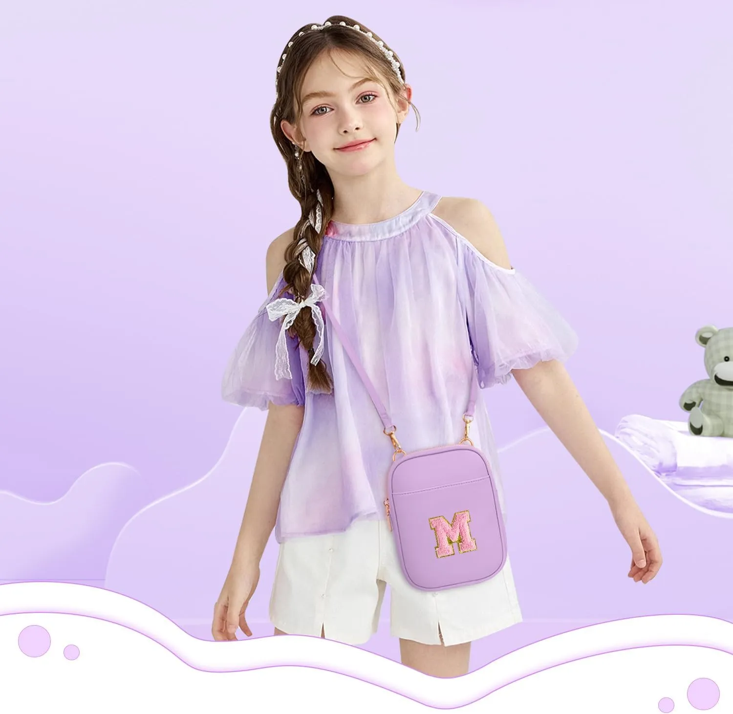Toddler Purse Initial Crossbody Bags for Girls 3 Pockets PU Leather Cross Body Bag Crossbody Purse Handbag Personalized Preppy Teen Girl Gifts Trendy Stuff (Lavender M)