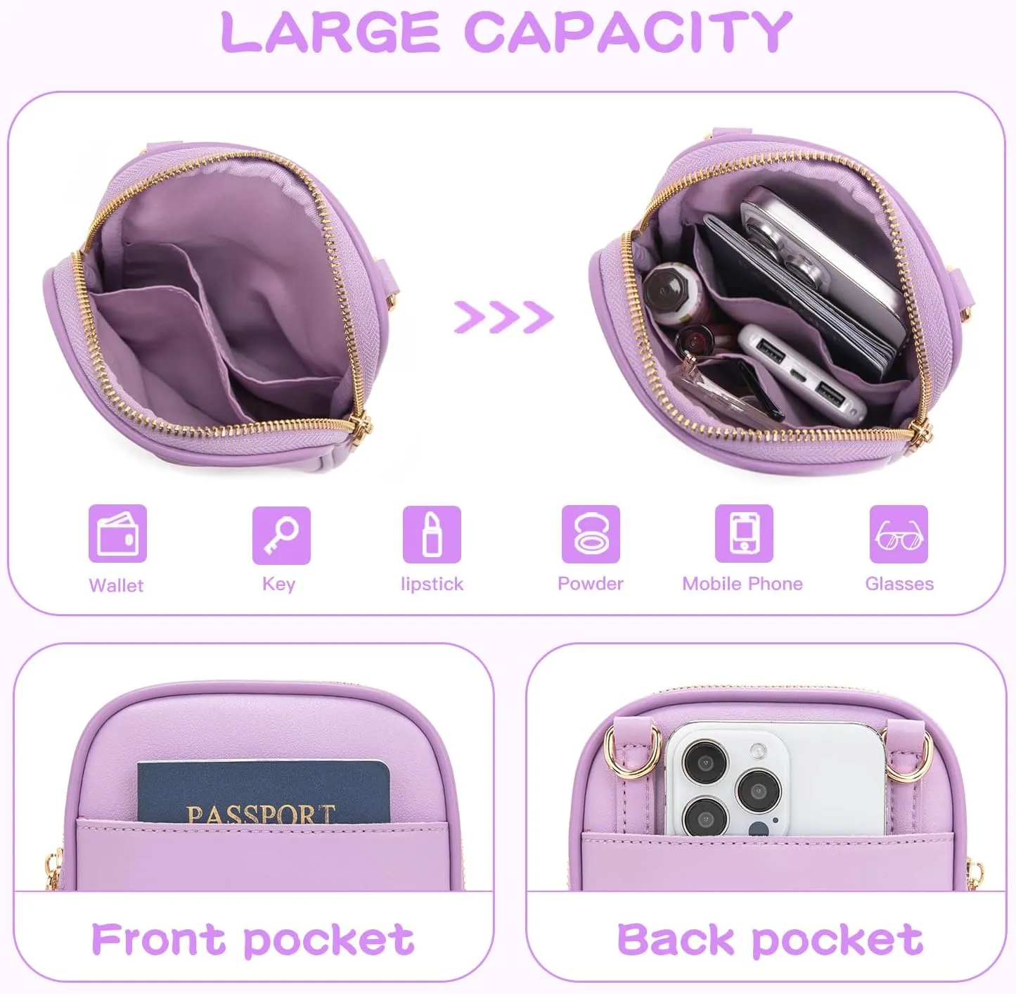 Toddler Purse Initial Crossbody Bags for Girls 3 Pockets PU Leather Cross Body Bag Crossbody Purse Handbag Personalized Preppy Teen Girl Gifts Trendy Stuff (Lavender M)
