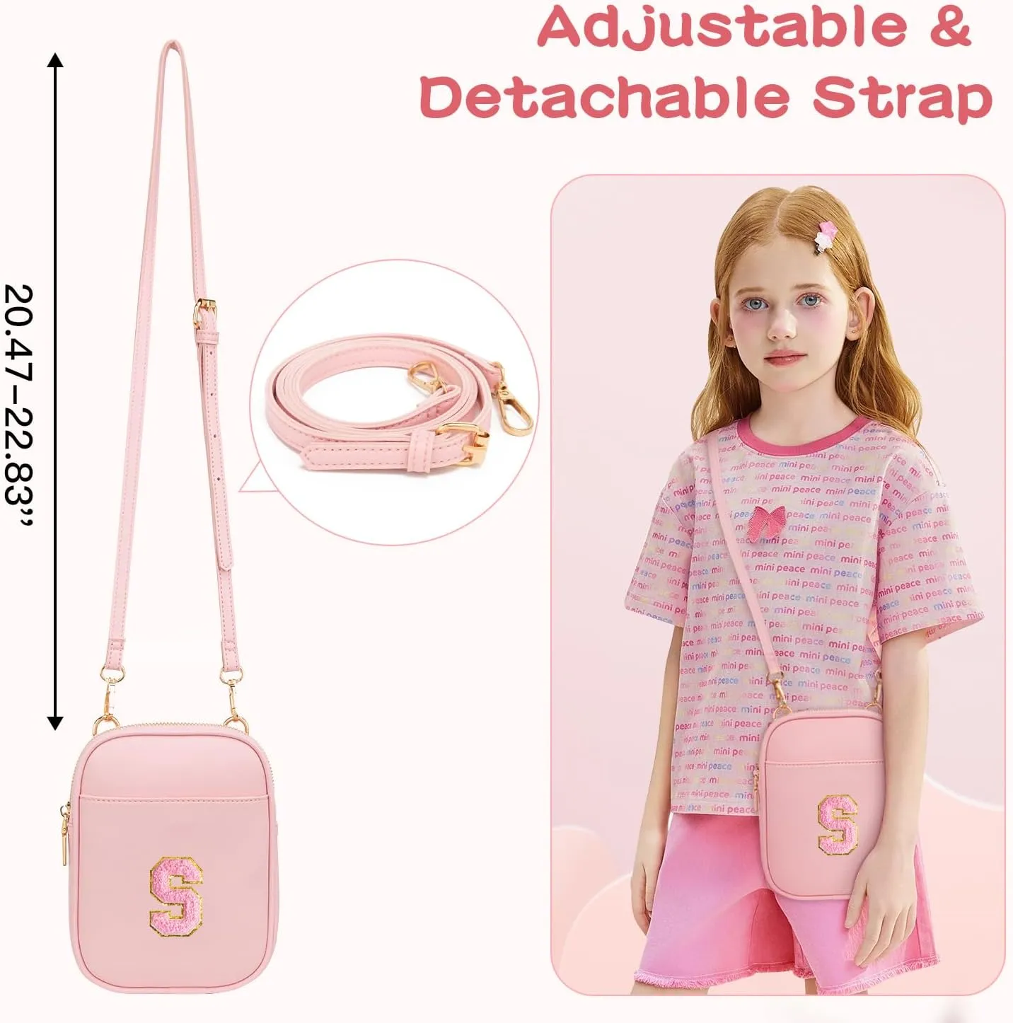Toddler Purse Initial Crossbody Bags for Girls 3 Pockets PU Leather Cross Body Bag Crossbody Purse Handbag Personalized Preppy Teen Girl Gifts Trendy Stuff (Light Pink S)