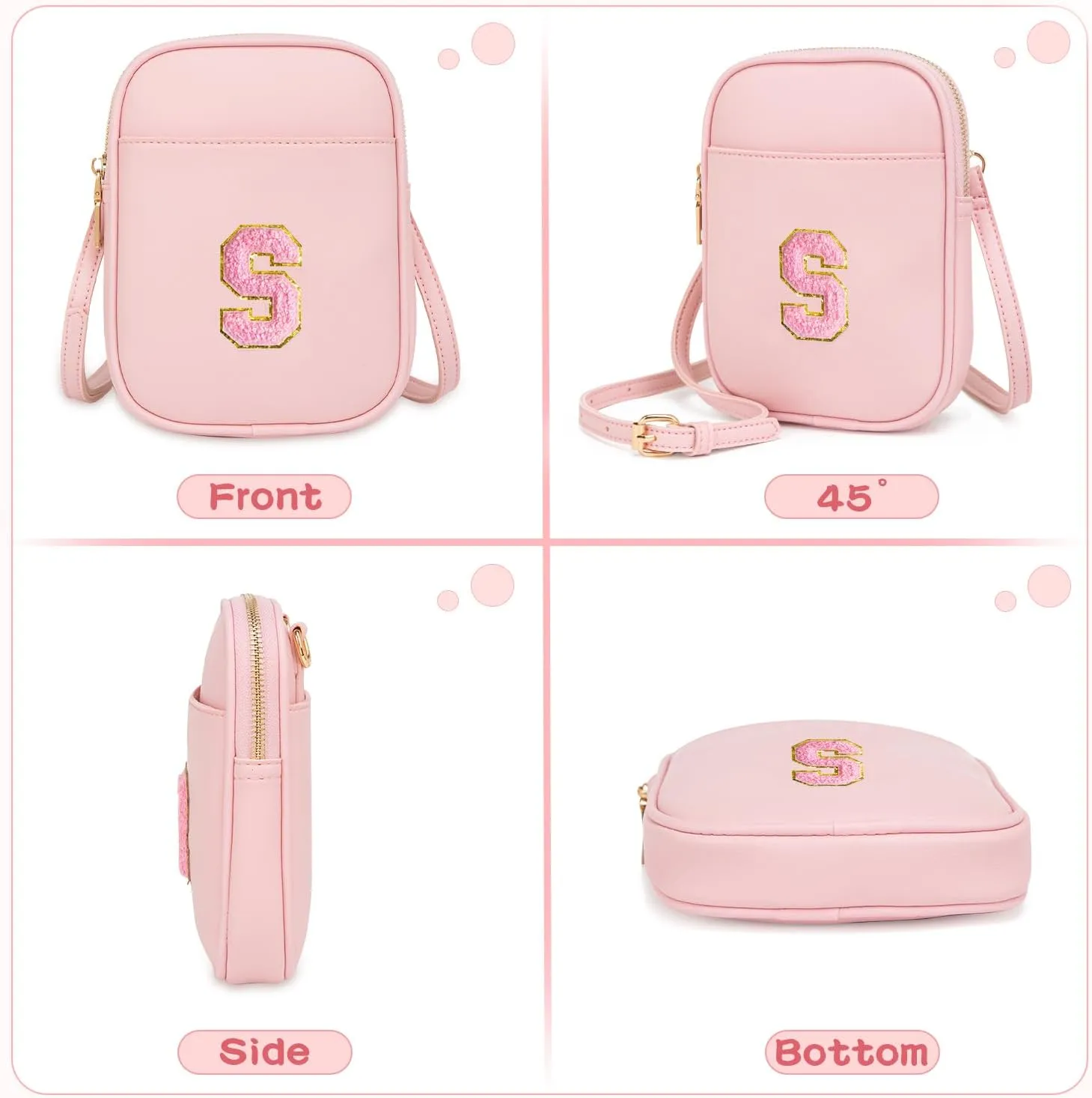 Toddler Purse Initial Crossbody Bags for Girls 3 Pockets PU Leather Cross Body Bag Crossbody Purse Handbag Personalized Preppy Teen Girl Gifts Trendy Stuff (Light Pink S)