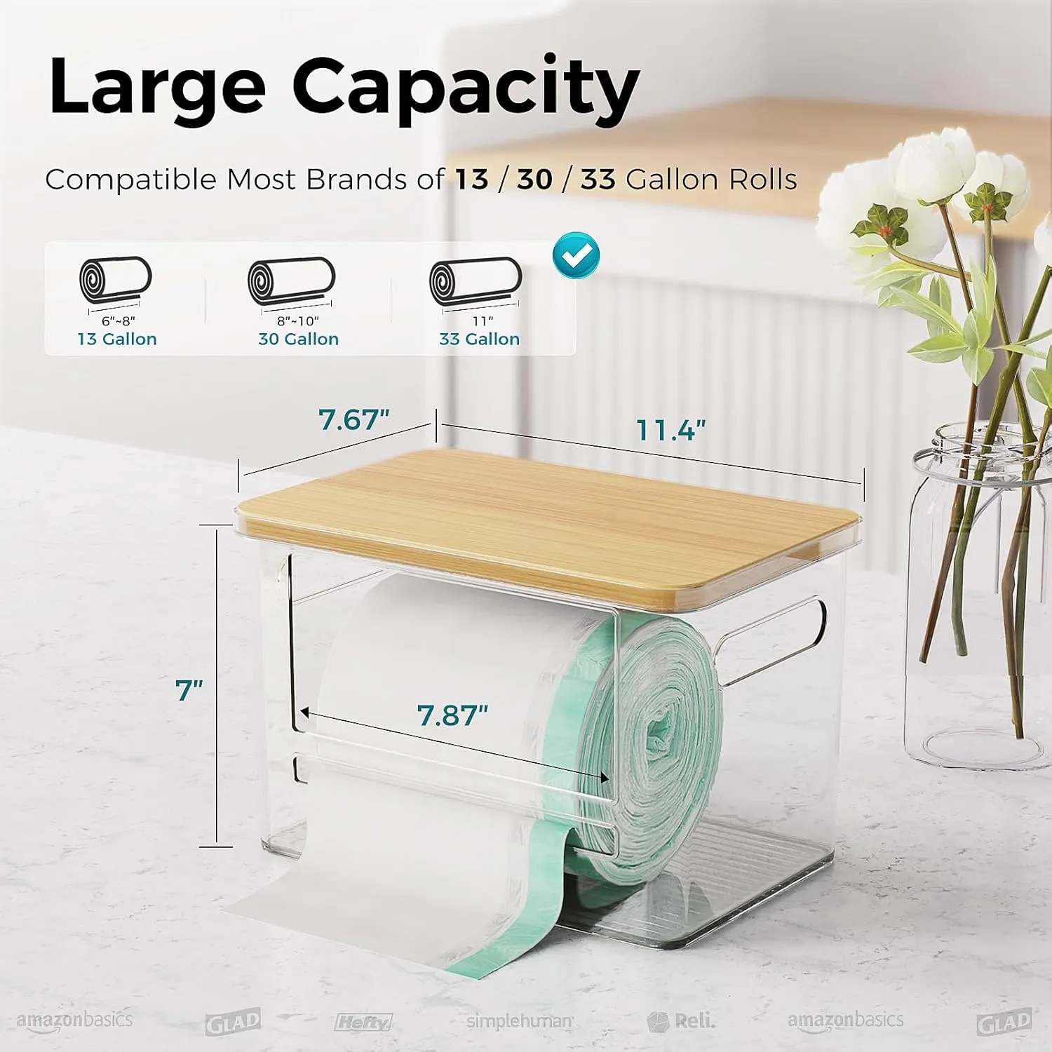 Trash Bag Holder Dispenser,Open Front Stackable Storage Bins,Acrylic Garbage Bag Storage with Bamboo Top and Handles for Kitchen,Under Sink,Laundry Room Organization