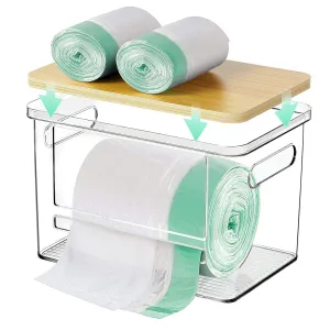 Trash Bag Holder Dispenser,Open Front Stackable Storage Bins,Acrylic Garbage Bag Storage with Bamboo Top and Handles for Kitchen,Under Sink,Laundry Room Organization